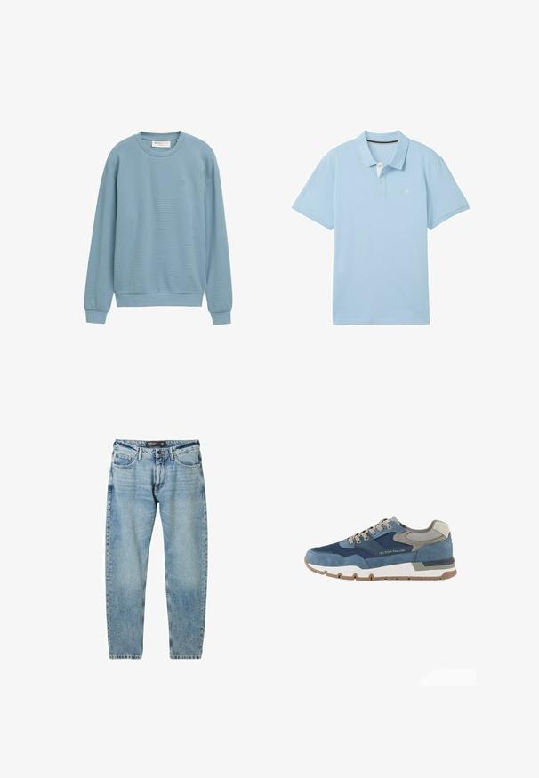 Lichtblauwe, gestructureerde, lange mouw, ronde hals sweatshirt met geribbelde manchetten en zoom, minimalistisch design en een klein geborduurd logo op de borst.; Lichtblauw poloshirt gemaakt van gladde stof. Voorzien van een klassieke kraag, korte mouwen en een klein logo op de linkerkant van de borst.; Lichtblauwe denim jeans met een losse pasvorm, vijfzakkenontwerp en contrasterende stiksels. Bevat een knoopsluiting en een rechte pijp.; TOM TAILOR LICENCE SNEAKER MIT -BLOCKING - Sneakers laag - navy