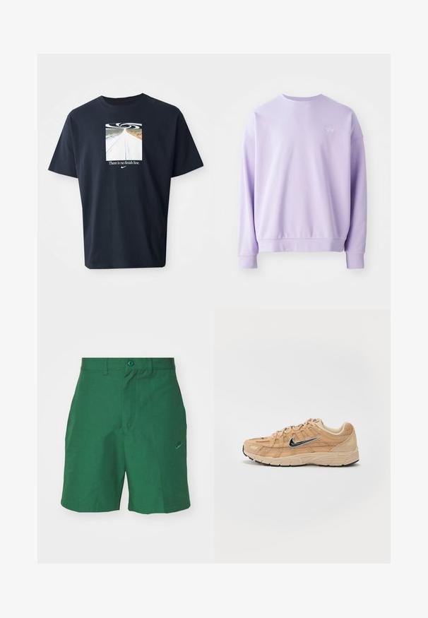Sudadera deportiva de color lavanda claro, hecha de material suave. Presenta puños y dobladillo acanalados, con un pequeño logo bordado de Nike en el frente.; Camiseta de algodón azul marino de manga corta, con un gráfico cuadrado de una carretera y un diseño en espiral, y el texto "No hay línea de meta" en blanco.; Pantalones cortos tejidos en verde con un frente plano, dos bolsillos laterales y un discreto logotipo de Nike bordado en la pierna izquierda. Cuenta con un cierre de botón.; Zapatilla deportiva beige con materiales de malla y ante, silueta curva, suela negra, prominente logo plateado de Nike en el lateral y acentos texturizados.