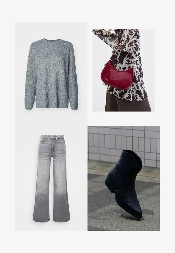 Grauer Strickpullover mit strukturiertem, geripptem Design. Rundhalsausschnitt und lange Ärmel. Hergestellt aus einem weichen, mittelschweren Material.; Graue Denim-Jeans mit weitem Bein und einem Licht-zu-Dunkel-Gradienten, ausgestattet mit hoher Taille, fünf Taschen und einem klassischen Knopfverschluss.; Schwarzer Lederknöchelstiefel mit niedrigem Absatz, dekorativen Nähten und spitzer Spitze, aufrecht auf einer gepflasterten Fläche neben einer gefliesten Wand positioniert.; Frau trägt eine schwarz-weiß gemusterte Bluse und hält eine glänzende rote Schultertasche vor einem einfarbigen Hintergrund.