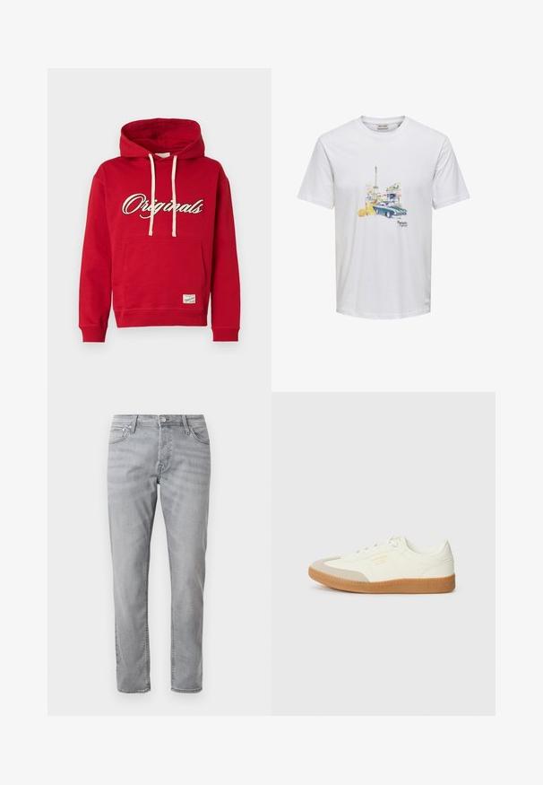 Sweat à capuche rouge avec cordons blancs, poche kangourou à l'avant, et texte "Originals" en police script blanche et noire sur la poitrine.; T-shirt blanc avec impression de la Tour Eiffel, voiture ancienne, boisson orange avec fleur et texte « Parisien Lifestyle » au centre devant.; Jean droit gris clair avec fermeture éclair, poches avant et arrière, et passants de ceinture, posé sur fond blanc.; Baskets en cuir blanc avec une coque beige et une semelle en caoutchouc marron clair. Dotées de lacets blancs plats et d'un logo embossé sur le côté.