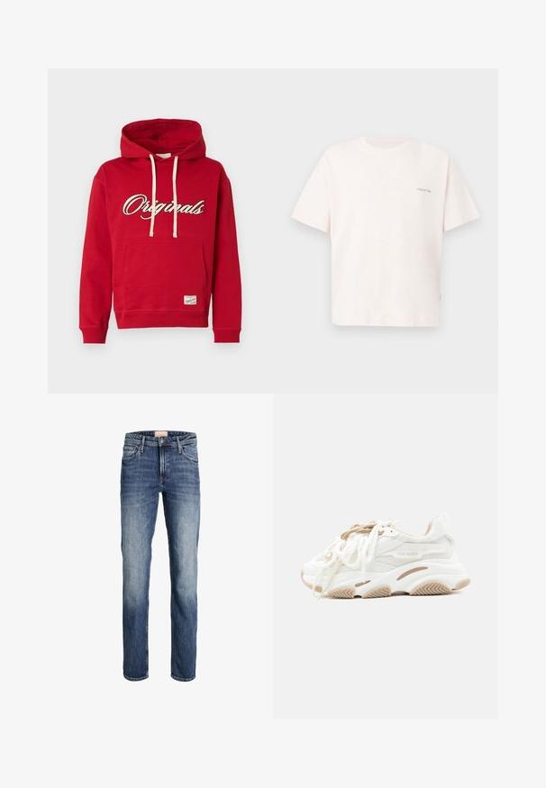 Rød hættetrøje med hvide snore, frontlomme og teksten "Originals" på tværs af brystet i hvid og sort script-skrift.; Enkelt kortærmet off-white T-shirt med lille tekst "originals 1990" på øverste venstre bryst, vist mod en lys baggrund.; Straight-leg blå jeans med let falmning på lår og knæ, frontlukning med knap og lynlås samt femlommesdesign.; Hvid og beige Steve Madden-sneaker med meshpaneler, chunky sål og dobbelte snørebånd på en ensfarvet lys baggrund.