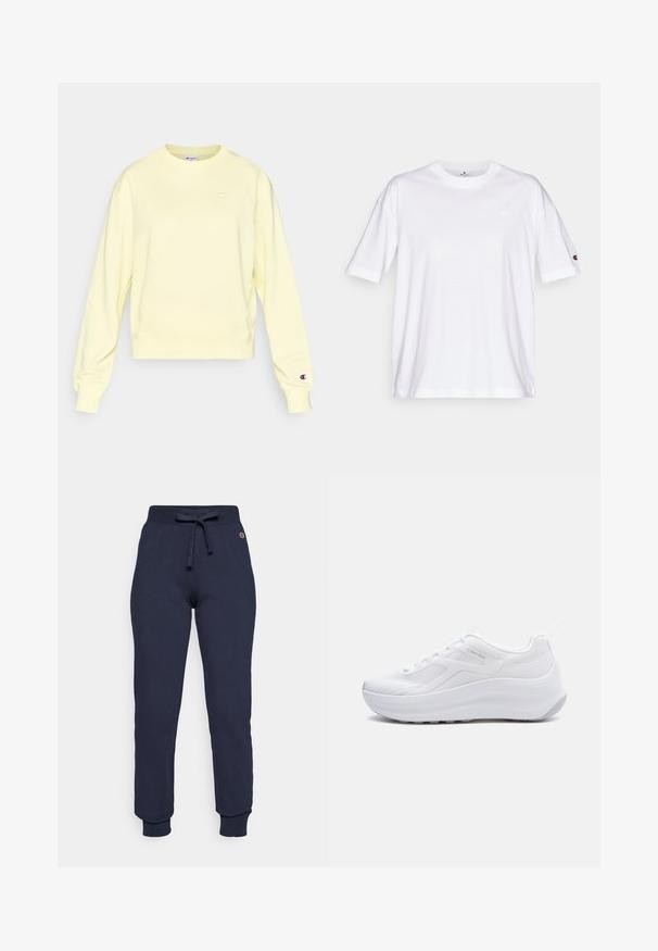 Sudadera de color amarillo claro con cuello redondo, mangas largas y puños acanalados. Presenta un pequeño logo bordado en el pecho y la manga.; Camiseta de algodón blanca con cuello redondo, mangas cortas y un pequeño logo en el lado izquierdo del pecho. Textura suave, ajuste estándar.; Pantalones de chándal azul marino hechos de una mezcla de algodón, con una cintura ajustable con cordón, puños acanalados y un pequeño logo en la cadera.; Zapatilla deportiva blanca de corte bajo con suela gruesa y empeine de malla, con la marca Calvin Klein en el lateral.