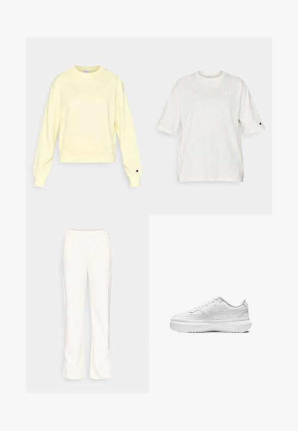 Sudadera de color amarillo claro con cuello redondo, mangas largas y puños acanalados. Presenta un pequeño logo bordado en el pecho y la manga.; Camiseta de manga corta de color gris claro, confeccionada con tela suave y con cuello redondo. Presenta un pequeño logo en el pecho y en una manga.; Pantalones deportivos color crema con cintura elástica, diseño de pierna recta, textura suave y bolsillos laterales. Sin patrones ni detalles visibles.; Zapatillas blancas con parte superior de cuero liso, puntera redonda, detalles perforados y suela de goma blanca gruesa. Presenta el logotipo en el lateral y cordones planos.