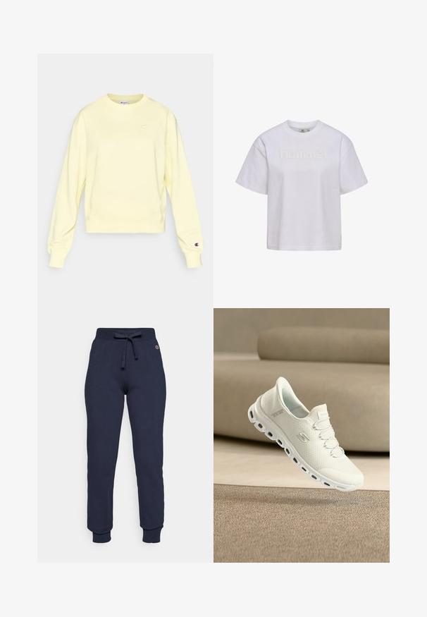 Sweatshirt jaune clair avec un col rond, des manches longues et des poignets côtelés. Présente un petit logo brodé sur la poitrine et la manche.; T-shirt blanc à manches courtes en coton avec le logo "hummel" embossé sur la poitrine, doté d'un col rond et d'une coupe décontractée.; Pantalons de survêtement bleu marine en tissu mélangé coton, avec une taille à cordon de serrage, des poignets côtelés et un petit logo sur la hanche.; Baskets blanches avec une tige en mesh texturé, des lacets élastiques et une semelle extérieure amortie. Design léger avec un amorti d'air visible dans la semelle.