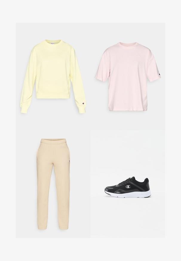 Hellgelbes Sweatshirt mit rundem Ausschnitt, langen Ärmeln und gerippten Bündchen. Verfügt über ein kleines gesticktes Logo auf der Brust und am Ärmel.; Hellrosa Baumwoll-T-Shirt mit kurzen Ärmeln. Verfügt über ein dezentes Logo auf der Brust und einen kontrastierenden Logo-Akzent auf dem Ärmel.; Beige Baumwoll-Jogginghose mit elastischem Bund, seitlichen Taschen und einem kleinen Logo-Patch am linken Bein. Glatte Textur und schmal geschnitten.; Schwarze Sportschuhe mit einem Mesh-Obermaterial, weißer Gummisohle und einem einfarbigen Logo an der Seite. Mit einer gepolsterten Kragen für zusätzlichen Halt geschnürt.