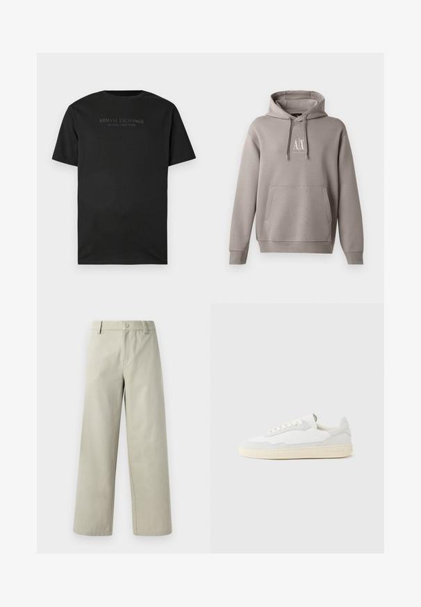 Hoodie gris avec une poche kangourou centrale, capuche réglable par cordon, et un petit logo blanc sur la poitrine. Texture de tissu douce.; T-shirt noir à manches courtes avec col rond, portant "ARMANI EXCHANGE MILANO / NEW YORK" imprimé en petites lettres gris foncé sur la poitrine.; Han Kjøbenhavn WIDE LEG - Pantalon classique - light grey; Baskets blanches avec dessus en daim et cuir texturé. Caractérisées par un bout arrondi, une fermeture à lacets et une semelle en caoutchouc beige contrastante.