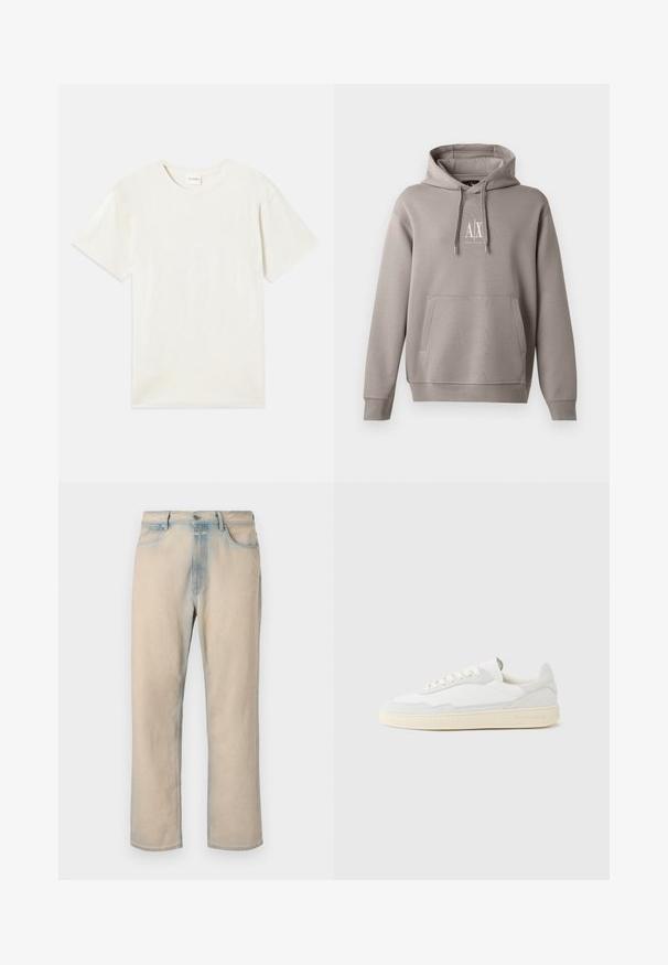 Hoodie gris avec une poche kangourou centrale, capuche réglable par cordon, et un petit logo blanc sur la poitrine. Texture de tissu douce.; T-shirt à manches courtes, col rond en beige clair, texture en coton doux avec une coupe décontractée et sans motifs ni accents visibles.; Jean en denim beige clair avec une coupe droite, des accents bleu délavé, cinq poches et une fermeture à bouton à la taille.; Baskets blanches avec dessus en daim et cuir texturé. Caractérisées par un bout arrondi, une fermeture à lacets et une semelle en caoutchouc beige contrastante.