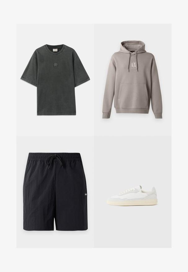 Grå hættetrøje med en central kengurulomme, justerbar snørehætte og et lille hvidt logo på brystet. Blød stofstruktur.; Mørkegrå oversized T-shirt med korte ærmer, rund halsudskæring og lille broderet knudedesign centreret på brystet.; Sorte badeshorts lavet af struktureret stof, med elastisk talje med snor og et lille logo på siden.; Hvid sneakers med en øvre del i tekstureret ruskind og læder. Har rundet tå, snørelukning og kontrasterende beige gummisål.