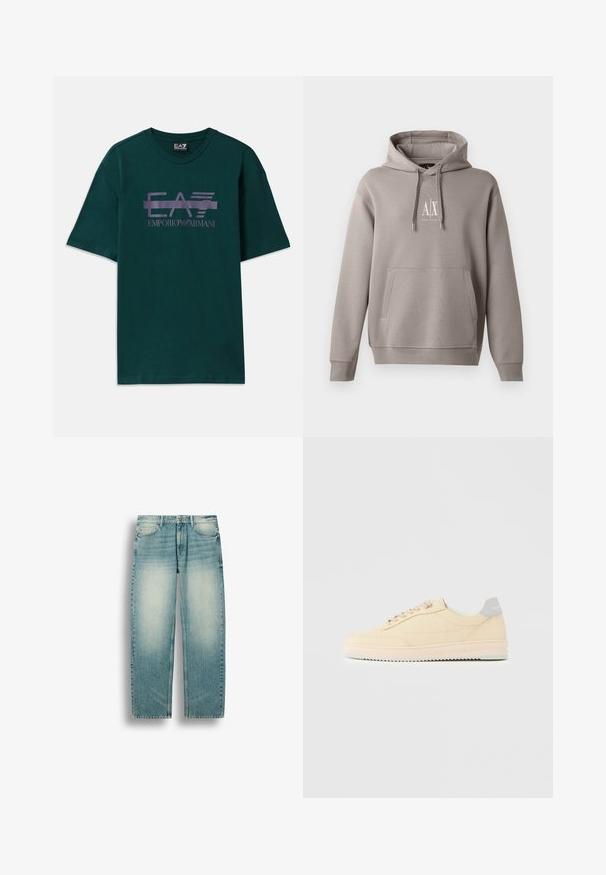 Grå hættetrøje med en central kengurulomme, justerbar snørehætte og et lille hvidt logo på brystet. Blød stofstruktur.; Mørkegrøn bomulds t-shirt med et lilla logo print "EA7 Emporio Armani" over brystet. Klassisk rund hals og korte ærmer.; Lyseblå straight-leg denimjeans med falmede områder på lårene, forlommer, bæltestropper og knaplukning ved taljen.; Beige lavtop sneaker med snørelukning foran, lyserød sål og grå hællap med mærket "Filling Pieces", vist i profil på ensfarvet baggrund.