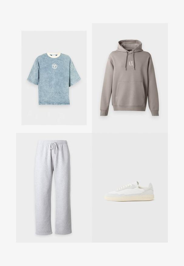 Hoodie gris avec une poche kangourou centrale, capuche réglable par cordon, et un petit logo blanc sur la poitrine. Texture de tissu douce.; T-shirt oversize bleu délavé à manches courtes avec une encolure ronde blanche et un petit logo circulaire délavé sur la poitrine.; Pantalon de survêtement gris clair avec taille élastique et cordon, jambes droites et poches latérales.; Baskets blanches avec dessus en daim et cuir texturé. Caractérisées par un bout arrondi, une fermeture à lacets et une semelle en caoutchouc beige contrastante.