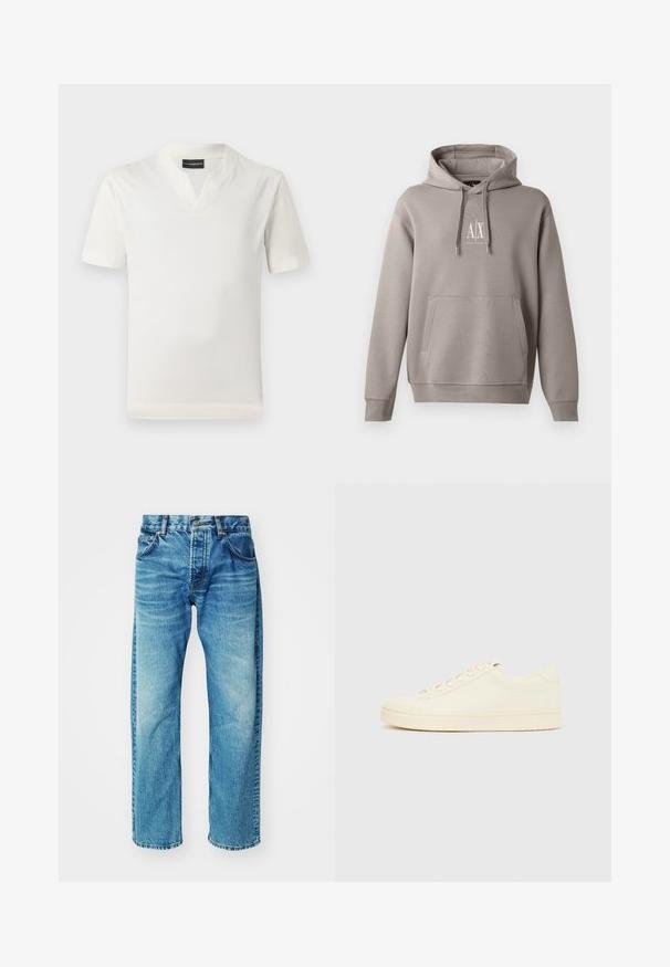 Grijze hoodie met een centrale kangoeroezak, verstelbare trekkoordkap, en een klein wit logo op de borst. Zachte stofkwaliteit.; Witte t-shirt met korte mouwen en een v-hals ontwerp, gemaakt van een zachte stof. Eenvoudige, rechte snit zonder patronen of extra accenten.; Blauwe denim jeans met een ontspannen pasvorm, voorzien van vijf zakken, een knopenfly, subtiele vervaging en een licht afgeknipte zoom.; Slofkleurige sneaker met een glad leren bovenwerk, ronde neus, vetersluiting en een geribbelde rubberen zool. Minimalistisch ontwerp, zonder logo's.