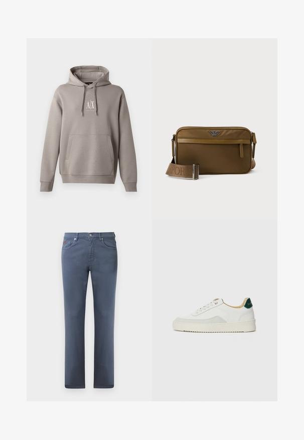Grijze hoodie met een centrale kangoeroezak, verstelbare trekkoordkap, en een klein wit logo op de borst. Zachte stofkwaliteit.; Grijze denim jeans met een rechte snit, vijf zakken en een metalen knoopsluiting. Bevat subtiele stiksels en een klein logo-detail.; Witte sneaker met suède accenten, ronde neus, platte veters en een crème rubberen zool. Bevat groene branding op de hiel.; Bruine rechthoekige crossbodytas met voorvak met rits, verstelbare band met gegraveerde merknaam en metalen logo in het midden aan de bovenkant.