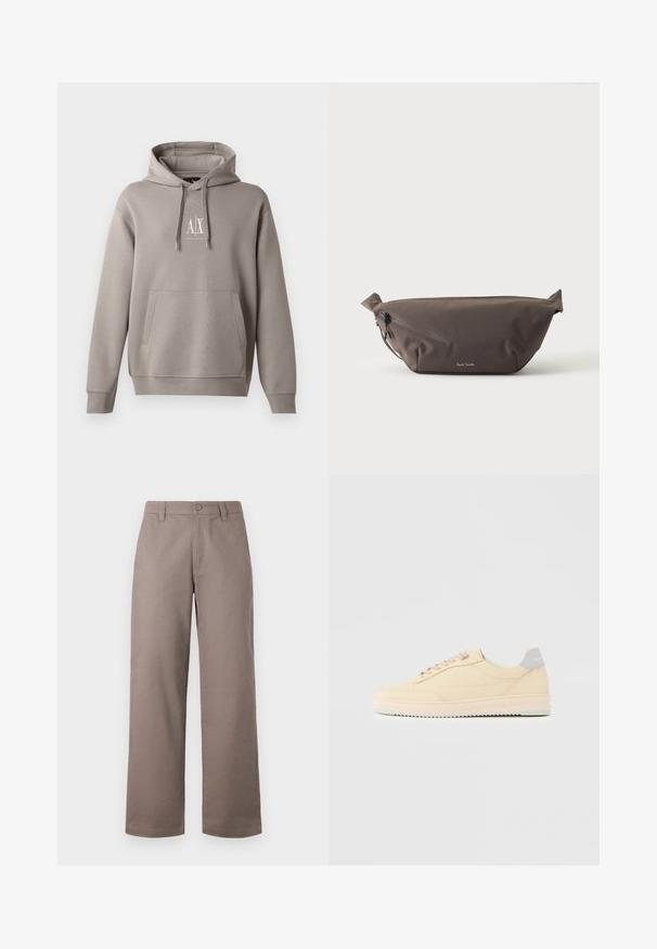 Hoodie gris avec une poche kangourou centrale, capuche réglable par cordon, et un petit logo blanc sur la poitrine. Texture de tissu douce.; Pantalons large de couleur marron clair avec une finition lisse ; dotés d'une fermeture à bouton à l'avant et de poches latérales. Fabriqués en tissu léger.; Baskets basses beige à lacets, semelle rose clair et languette grise à l'arrière marquée "Filling Pieces", vues de profil sur fond uni.; Sac banane en tissu marron foncé avec poche zippée en diagonale et petit logo blanc sur le devant, sur un fond clair uni.