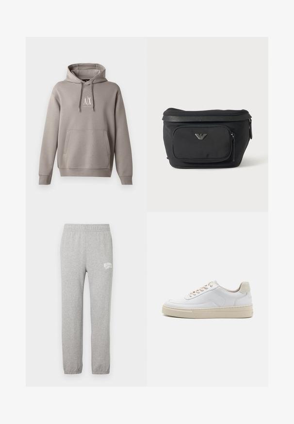 Grå hættetrøje med en central kengurulomme, justerbar snørehætte og et lille hvidt logo på brystet. Blød stofstruktur.; Grå bomulds sweatpants med elastisk talje og tapered ben. Har et hvidt logo på venstre lår. Glat tekstur.; Hvide sneakers med en glat læderoverdel, beige snørebånd og en tekstureret beige ruskindsheel-tab. Hævet sål for ekstra højde.; Sort bæltetaske med frontlynlåslomme og sølv ørn-logo, glat stof med tekstureret kant og lynlåstræk.