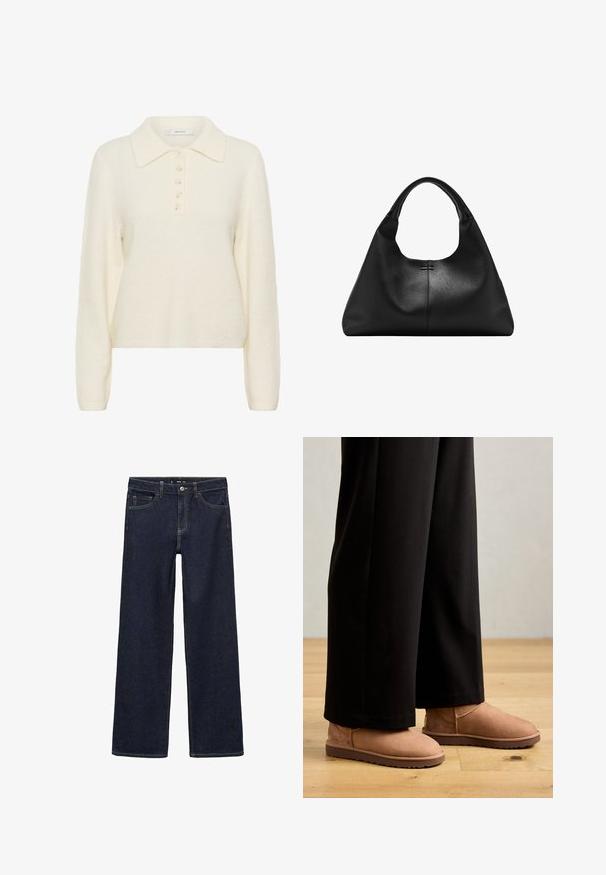 Crème-kleurige, zacht gebreide trui met een kraagnek en een sluiting met vijf knopen. Beschikt over lange mouwen en heeft een boxy pasvorm.; Donker gewassen denim jeans met een ontspannen pasvorm. Heeft een hoge taille, vijf zakken en contrasterende stiksels. Rechtermode ontwerp, geen versieringen.; Bruine suède enkellaarzen met een platte rubberen zool, ronde neus en minimale stiksels, gedragen met zwarte brede broek op een houten vloer.; Zwarte handtas van getextureerd leer met brede basis en dikke afgeronde handgrepen, met een centrale verticale naad en subtiele stikdetails.
