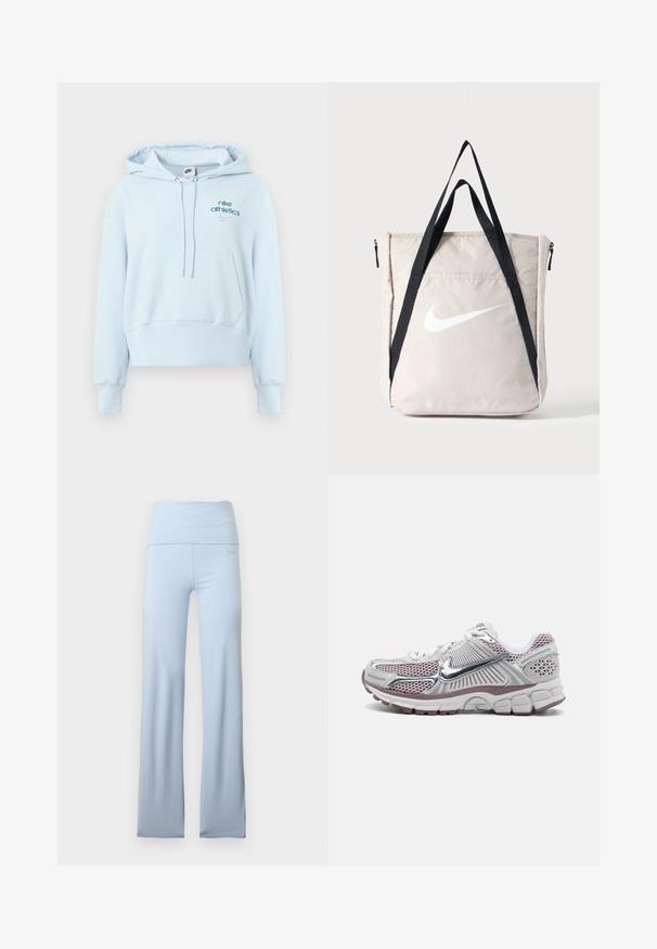 Lichtblauwe hoodie gemaakt van zachte stof, met een voorzak, trekkoordsluiting aan de capuchon, geribbelde boorden en geborduurde Nike-logo's.; Lichtblauwe uitlopende yogabroek met een brede tailleband, een gladde textuur en een subtiel merklogo vlakbij de heup. Geen patronen of hardwaredetails.; Nike sportieve schoen met een witte mesh bovenkant, zilveren accenten, roze details en een dikke, gevoerde, gestructureerde zool.; Beige Nike tote tas met groot wit swoosh-logo en lange zwarte schouderbanden, voorvak met rits, rechtopstaand tegen een effen achtergrond.