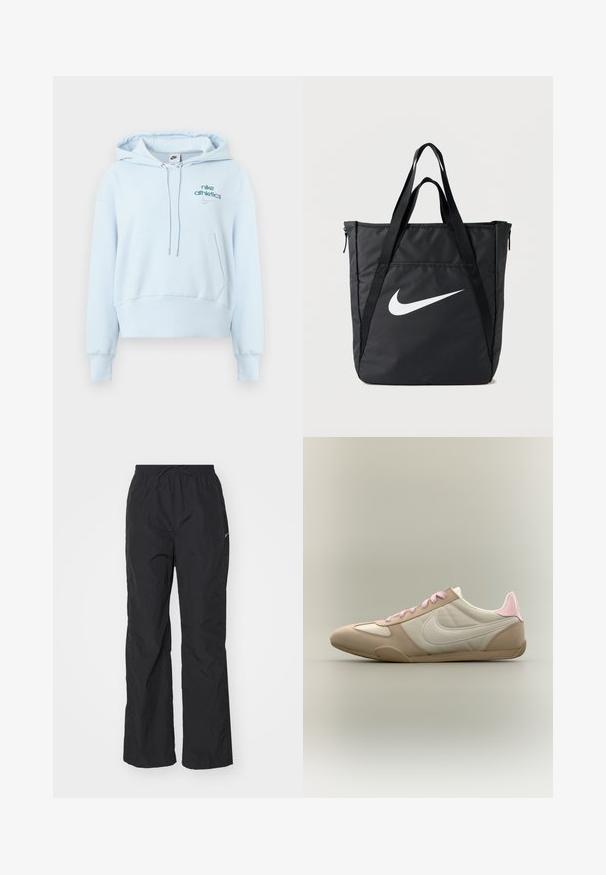 Svetlomodrá mikina s kapucňou z mäkkej látky, s predným vreckom, sťahovacou šnúrkou na kapucni, rebrovanými manžetami a vyšívanými logami Nike.; Čierne, ľahké nohavice s elastickým pásom a šnúrkou. Majú textúrovaný povrch a malú reflexnú nášivku na boku.; Nízkoprofilová béžovo-biela teniska s ružovými šnúrkami a akcentom na päte, s logom Nike na boku na jednoduchom pozadí.; Čierna nylonová taška na rameno s dvomi popruhmi, s veľkým bielym logom Nike, zapínaním na zips a elegantným obdĺžnikovým dizajnom.