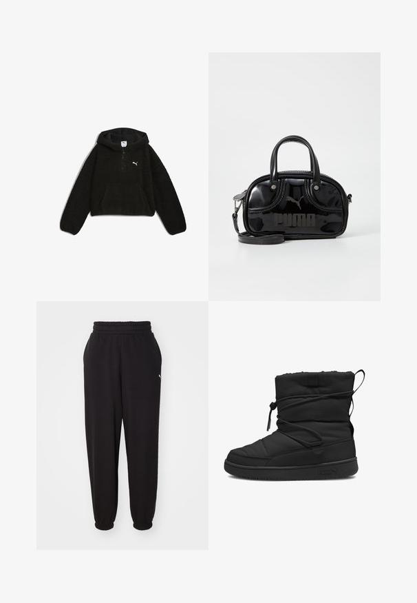 Sort Puma fleece-hoodie med halv lynlås, kengurulomme, lange ærmer og et lille hvidt Puma-logo på brystet.; Sorte sweatpants lavet af blødt stof, med en ribbet talje og mansjetter ved anklerne. Indeholder en lille logoaccent på siden.; Sort isoleret støvle med en kviltet struktur, elastisk snøre lukning, polstret kant og en gummisål med et minimalistisk logo.; Sort lakeret håndtaske med dobbelte top-håndtag, aftagelig skulderrem, rund form og et fremtrædende præget "PUMA"-logo.