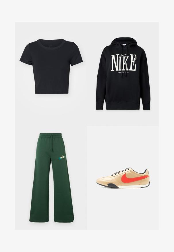 Zwarte hoodie met witte "NIKE" tekst en swoosh-logo boven "SPORTS CLUB" aan de voorkant, voorzien van een capuchon met trekkoord en geribbelde manchetten en zoom.; Zwart cropped T-shirt gemaakt van zachte, rekbare stof. Beschikt over een ronde halslijn en korte mouwen met een eenvoudig ontwerp.; Donkergroene wijde sweatpants van zachte stof met een elastische tailleband, trekkoord, zijzakken en een teal geborduurd Nike-logo op de linker bovenbeen.; Beige leren sneaker met zwarte veters, rode Nike-swoosh aan de zijkant en zwart-witte zool, gezien vanaf de buitenzijde.