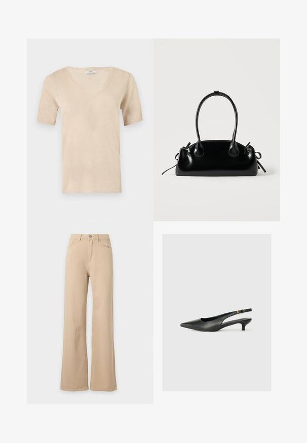 Haut en maille beige à manches courtes avec col en V et texture fine, adapté pour une tenue décontractée ou semi-formelle.; Pantalon beige taille haute, jambes larges, fermeture à boutons devant, poches avant et arrière, présenté sur fond blanc.; Chaussure slingback noire à bout pointu en cuir lisse. Présente un talon fin et un détail de boucle sur la sangle réglable.; Petit sac à main noir brillant avec deux longues anses et des détails à cordon sur les côtés sur un fond clair uni.