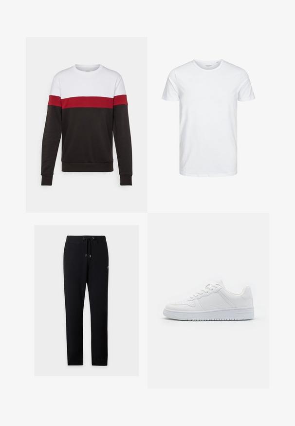 Sweatshirt coloré avec une partie supérieure blanche, une bande médiane rouge et une partie inférieure noire. Fabriqué en tissu doux et confortable.; T-shirt à col rond à manches courtes de couleur blanche unie, fabriqué en coton doux, avec un design simple sans motifs ni accents visibles.; Pantalon de jogging noir à cordon avec taille et poignets élastiques, présenté sur fond gris clair.; Baskets blanches en matière synthétique lisse, avec des lacets plats, une pointe perforée et une semelle en caoutchouc dotée d'un motif de grip texturé.