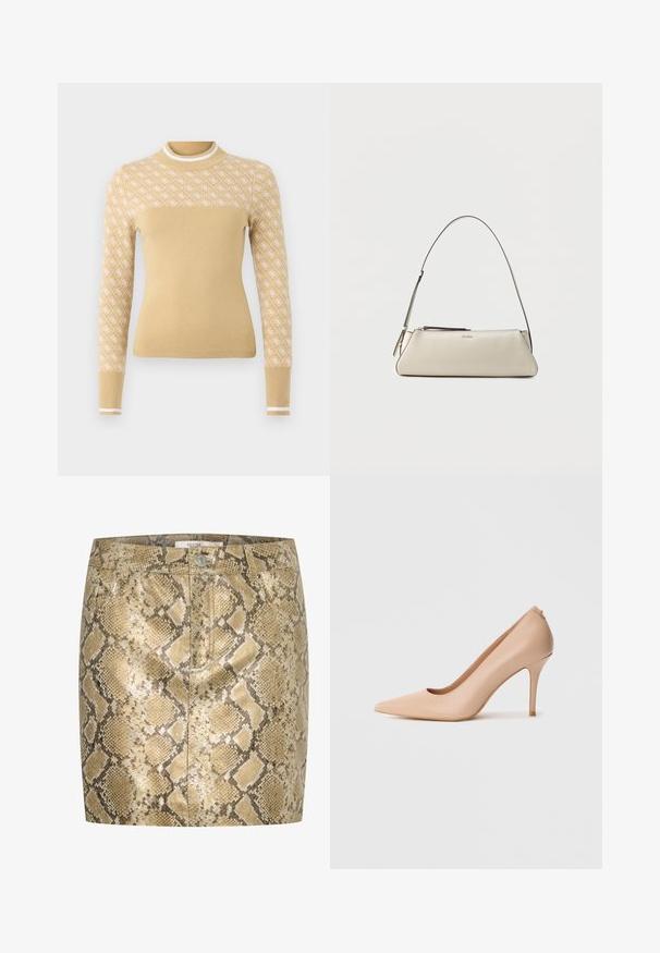 Beige striktrøje med et hvidt diamantmønster på de øverste ærmer, ribkantet halsudskæring og manchetter med hvide detaljer.; Slangeprint mini nederdel med metallisk glans i nuancer af guld og beige. Har knaplukning og for- og baglommer. Tekstureret overflade.; Beige læder højhælet sko med spids snude, glat tekstur og slank stilet-hæl. Minimalistisk design med slip-on stil.; Lille beige læder skuldertaske med tynd rem og lynlås, mærket med et diskret metal-logo på frontens midte.