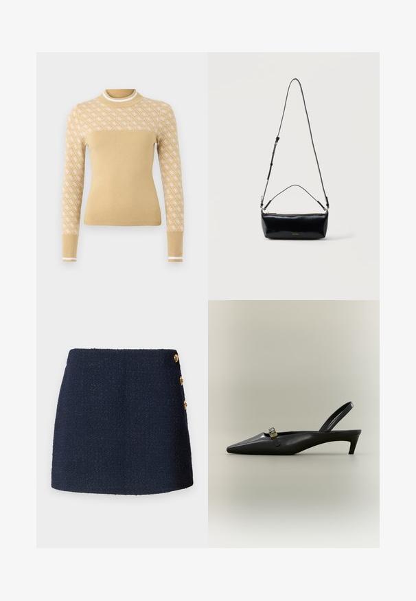 Beige gebreide trui met een wit ruitpatroon op de bovenste mouwen, geribde halslijn en manchetten met witte accenten.; Donkerblauwe textuur mini-jurk met drie decoratieve gouden knopen aan de zijkant.; Zwarte lederen slingback kitten heel met puntige neus en klein gouden gespsluiting op een effen achtergrond.; Zwarte rechthoekige leren crossbodytas met verstelbare schouderriem, bovenrits en klein gouden Calvin Klein-logo aan de voorkant.