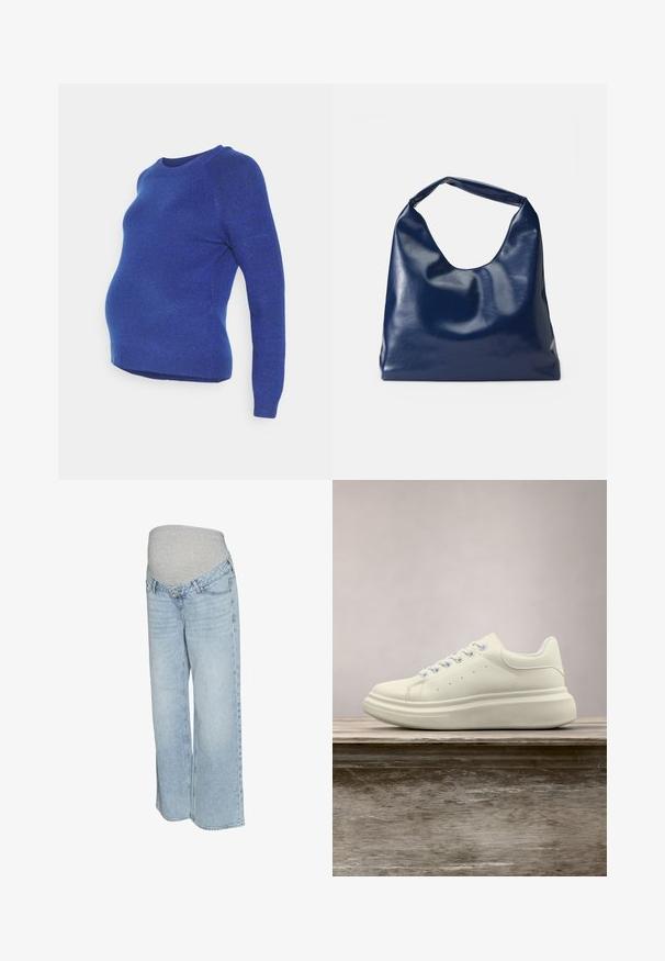 ONLY MATERNITY OLMRICA LIFE - Striktrøje - surf the web; Lyseblå denim jeans med en grå strækbar talje, bred benvidde og traditionel fem-lomme stil. Glat tekstur med lys vask.; Hvid lædersneakers med rund tå, glat tekstur og kontrasterende snørebånd. Har ventilationshuller og en tyk gummisål for komfort.; Marineblå kunstlæder skuldertaske med en blød, blank overflade, rund form og et enkelt, bredt håndtag for nem bæring.