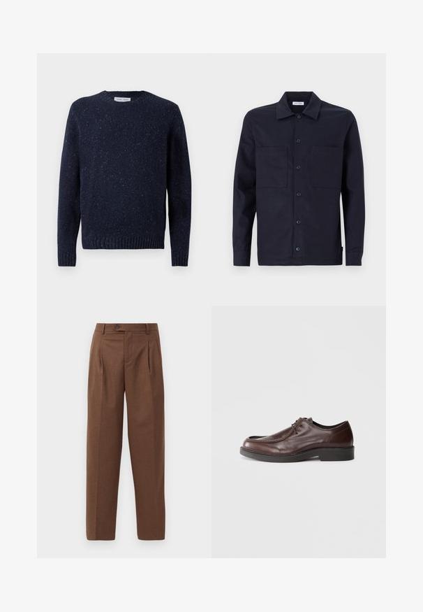 Mørkeblå strikket sweater med rund hals, tekstureret overflade og ribbede ærmer og kant. Har et subtilt prikmønster over det hele.; Marineblå knap-up skjorte med klassisk krave, to forlommer, lange ærmer og en glat bomuldsstoftekstur.; Brune skræddersyede bukser med lige pasform, synlige folder, forlommer og en enkelt knaplukning i taljen. Glat tekstur.; Brune lædersko med rund tå, minimal syning og en solid sort sål. Har snørelukning og en glat overflade.