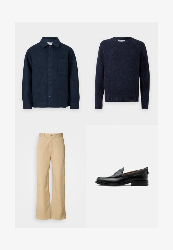 Pull en tricot bleu marine avec un col rond, surface texturée, et poignets et ourlet côtelés. Présente un motif légèrement chiné sur toute sa surface.; Veste en laine bleu marine à boutons, à manches longues, avec un col pointu et une grande poche poitrine sur le côté gauche.; Pantalon large beige en mélange coton. Fermeture par bouton et passants de ceinture. Texture lisse, avec des détails de couture minimaux.; Mocassin homme en cuir noir avec couture moc toe, bride penny, col texturé et petit talon empilé sur fond blanc.