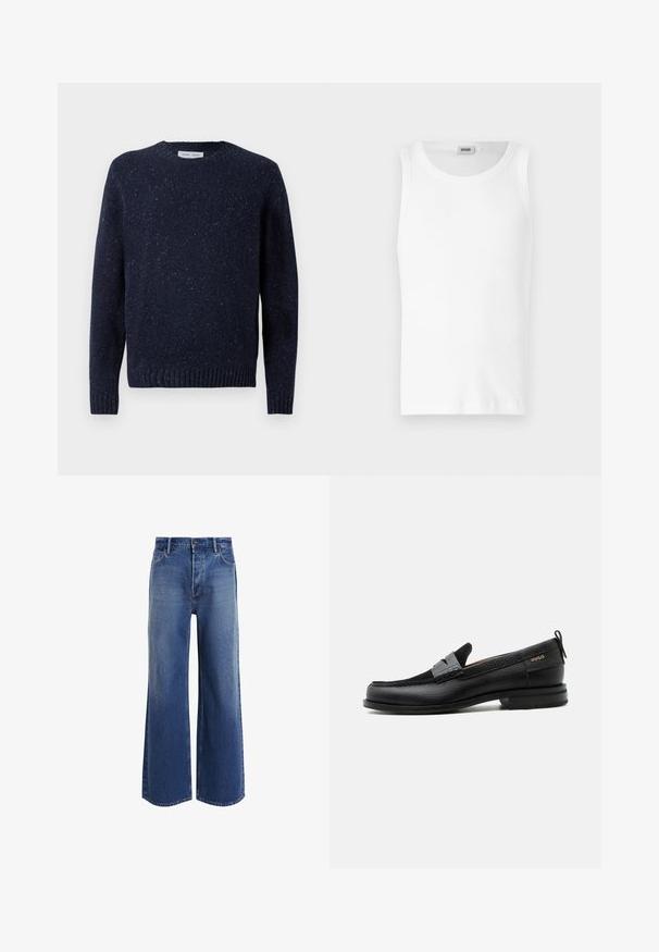 Mørkeblå strikket sweater med rund hals, tekstureret overflade og ribbede ærmer og kant. Har et subtilt prikmønster over det hele.; Hvid bomulds tanktop uden ærmer med rund halsudskæring og en glat tekstur. Enkel design, ingen mønstre eller accenter.; Højtsiddende wide-leg jeans i mellemblå denim, med et klassisk fem-lomme design, let falmning og frynsede kantdetaljer.; Sort læderloafer med grå remdetalje, lav hæl og tekstureret sål, mærket med "HUGO" i guld på siden.