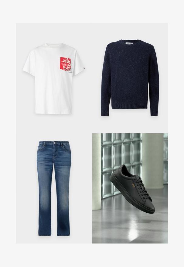 Mørkeblå strikket sweater med rund hals, tekstureret overflade og ribbede ærmer og kant. Har et subtilt prikmønster over det hele.; Hvid bomulds-T-shirt med en rød lomme, der har blomsterdesign og tekst. Korte ærmer, rund hals og afslappet pasform.; Mørkeblå denimbukser med lige ben-design, der har frontlommer, diskret falming og en klassisk knaplukning i taljen.; Sort lavtopet lædersneaker med sorte snørebånd og gyldent BOSS-logo på siden, svævende over en blank grå gulv i et moderne indendørs rum.