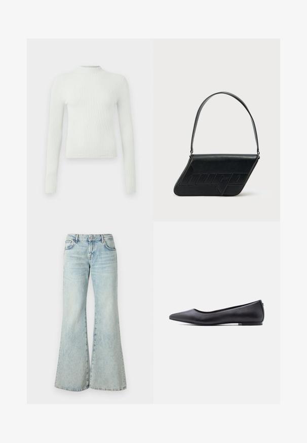 Lys grøn, ribbet bluse med lange ærmer, høj hals og et lille broderet logo på brystet. Casual pasform og tekstureret stof.; Lyseblå flared jeans lavet af denim, med høj talje, lommer og frynset kant. Stoffet har et slidt look og en subtil struktur.; Sort flad lædersko med spidst tåparti og lav hæl, vist i sideprofil mod en hvid baggrund.; Sort skuldertaske i læder med trekantet form, præget logo og en enkelt justerbar rem. Minimalistisk design med glat tekstur.