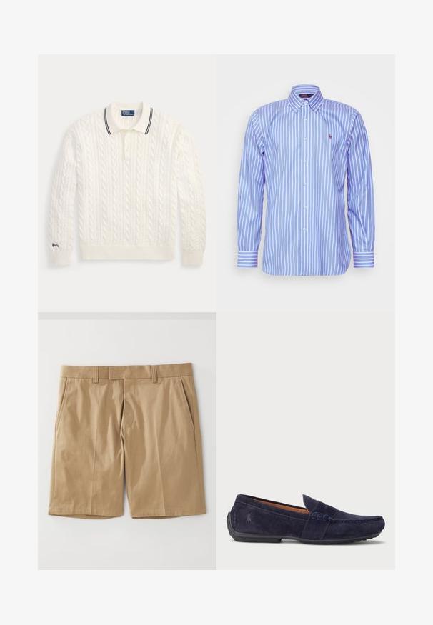 Valge kaablikoelmest pikkade varrukatega polo-kampsun, soonikkoes mansettide ja äärega, kolm nööpi ja musta triibu detail kaelusel.; Polo Ralph Lauren CUSTOM FIT STRIPED PINPOINT OXFORD SHIRT - Pluus - blue/white; Khaki šortsid sileda, kudumise tekstuuriga, kahe külgtasku ja sirge lõikega, millel on lame vöökoht ja vöökõrge lohud.; Tumesinine sametist mokassiini jalanõu, millel on õmmeldud disain, ümmargune varvas ja tekstureeritud kummitald. Küljel on peen märk.