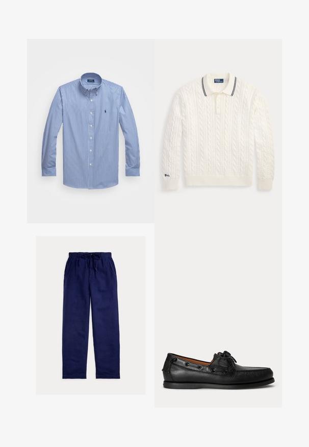 Weißer Polo-Pullover mit Zopfmuster, langen Ärmeln, gerippten Bündchen und Saum, drei Knöpfen und einem schwarzen Streifen am Kragen.; Blau-weiß gestreifte Langarmbluse mit einem Button-Down-Kragen, weißen Knöpfen und einem kleinen Logo auf der linken Brust. Glatte Stoffstruktur.; Marineblaue Freizeithose mit elastischem Bund und Kordelzug, mit Seitentaschen und entspanntem, geradem Bein.; Schwarzer Ledermokassin mit Schnürdetail und flacher Gummisohle, seitlich auf hellem Hintergrund gezeigt.
