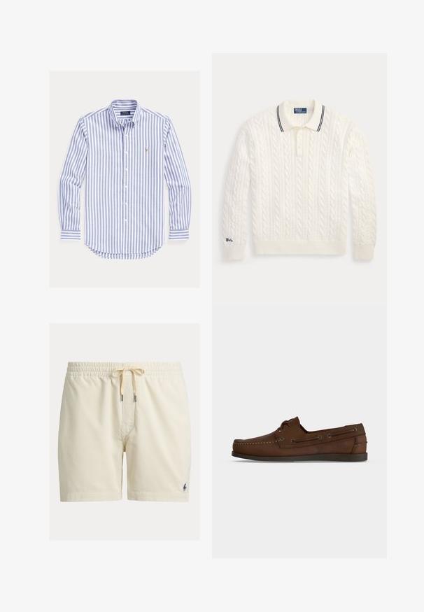 Hvid kabelstrikket langærmet polo sweater med ribstrikkede manchetter og kant, tre knapper og sort stribe detalje på kraven.; Blå og hvide vertikalt stribede, langærmet skjorte med knapper og knappet krave samt lille broderet logo på brystet.; Beige kordfløjls-shorts med elastisk talje og snøre, med lille mørkt broderet logo på venstre underben.; Brun læder moccasin-inspireret loafer med snoredetaljer og lav sort sål, vist fra siden på en ensfarvet hvid baggrund.
