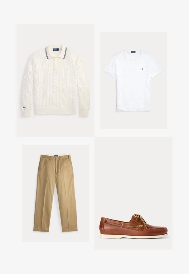 Weißer Polo-Pullover mit Zopfmuster, langen Ärmeln, gerippten Bündchen und Saum, drei Knöpfen und einem schwarzen Streifen am Kragen.; Weißes T-Shirt mit Rundhalsausschnitt und kurzen Ärmeln, mit kleinem gesticktem Polo Ralph Lauren Logo auf der linken Brust und blauem Markenetikett innen am Kragen.; Beige Chinos aus Baumwollstoff. Gerade geschnitten mit flacher Vorderseite, zwei Seitentaschen und einem Bund mit Knopfverschluss.; Brauner Leder-Bootsschuh mit weißer Sohle, oben geschnürte Schnürsenkel und Metallösen entlang der Seiten und der vorderen Naht.