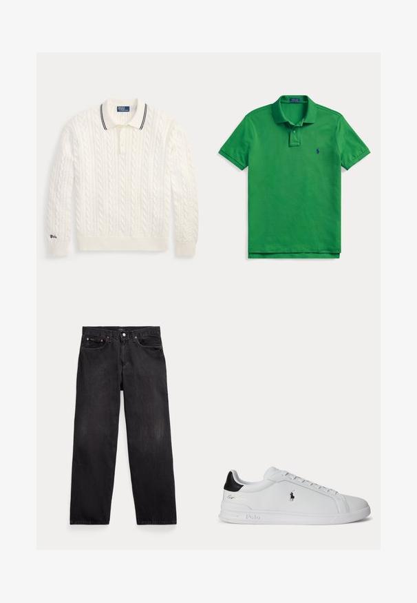 Valge kaablikoelmest pikkade varrukatega polo-kampsun, soonikkoes mansettide ja äärega, kolm nööpi ja musta triibu detail kaelusel.; Roheline lühikeste varrukatega polosärk, krae ja kahe nupuga, vasakul rinnal väike mereväesinine tikandiga logo.; Mustad sirgete lõikega teksapüksid viie tasku, nööpidega kinnituse ja nähtavate metallnappidega esimestel taskutel.; Valge madala säärega toss musta kandumärgiga, paelte ja Polo Ralph Laureni logoga küljel, reljeefsete talladetailidega.