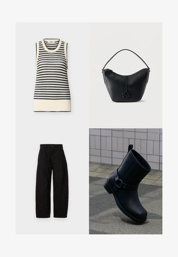 Gilet en tricot sans manches à rayures horizontales noires et blanches, avec un ourlet et un col côtelés.; Pantalons larges noirs en coton avec une fermeture à bouton et à zip, dotés de plis avant et de poches latérales.; Bottine en cuir noir avec une bride et un détail d’anneau en métal, présentée sur un trottoir gris avec un mur carrelé en arrière-plan.; Sac d'épaule en cuir noir texturé avec fermeture éclair incurvée sur le dessus et breloque logo double B embossée suspendue à la poignée.