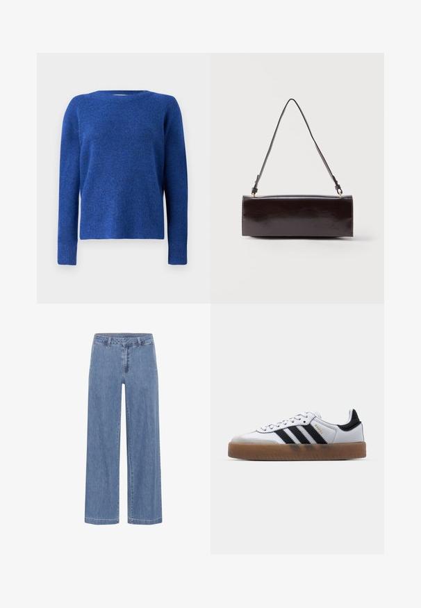 Blauer gestrickter Pullover mit rundem Hals, langen Ärmeln und weicher Textur. Hat eine leicht lockere Passform und gerippte Bündchen an den Ärmeln.; My Essential Wardrobe MWSOFFI WIDE - Loose Jeans - medium blue wash; Weiße Leder Sneakers mit schwarzen Streifen, Gummigummi-Außensohle, runder Zehenform, Schnürverschluss und weichem grauem Wildleder-Zehenkappe.; Rechteckige schwarze Ledertasche mit einem einzelnen langen Riemen und glänzendem Finish, vor einem schlichten weißen Hintergrund präsentiert.