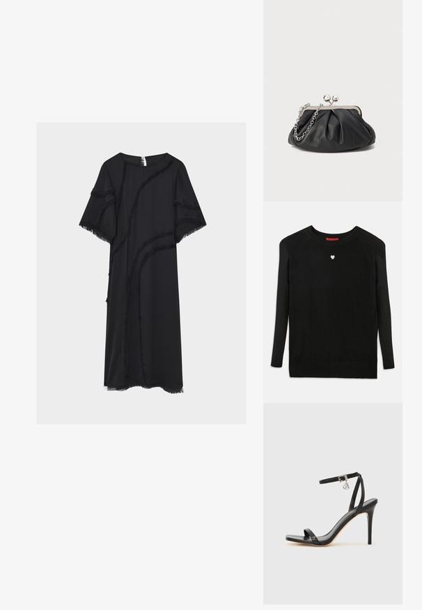 Pull en maille noir à manches longues, col rond, avec un petit cœur blanc sur la poitrine. Texture douce et poignets et ourlet côtelés.; Robe midi noire à manches courtes, encolure ronde et bordure décorative à franges aux motifs courbés sur le devant, les manches et l’ourlet.; Sandale à talon haut noire avec une bride étroite à la cheville, bout carré, cuir lisse et accent de boucle métallique.; Porte-monnaie en cuir noir avec texture froncée, cadre en métal argenté, fermeture à verrouillage kiss-lock et bandoulière en chaîne. Surface lisse et douce.
