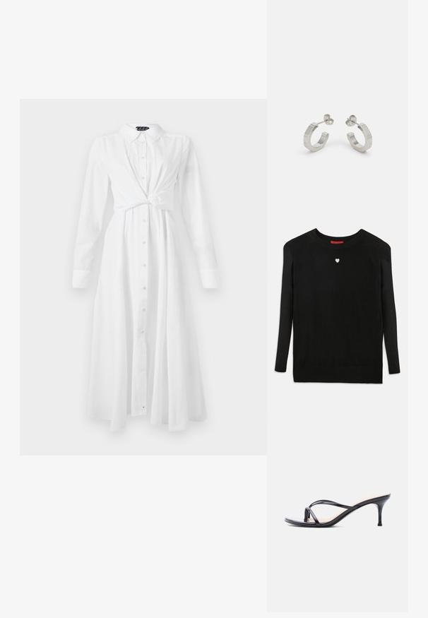 Suéter negro de punto con mangas largas, cuello redondo y un pequeño corazón blanco en el pecho. Textura suave y puños y bajo acanalados.; Vestido de camisa blanco de manga larga con cuello, cierre de botones en la parte delantera y diseño de cintura anudada; presenta un corte recto y fluido, y una textura suave.; Sandalia de tacón de charol negro con tiras finas cruzadas y un tacón de aguja delgado de altura media, sobre un fondo blanco.; Pendientes aros de metal plateado con un diseño texturizado, que cuentan con un pequeño respaldo de clip y una marca en uno de los aros. Forma redondeada con un acabado pulido.
