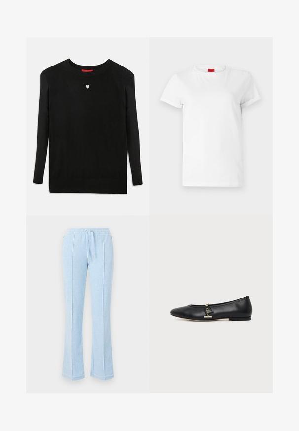 Sort striktrøje med lange ærmer, rund halsudskæring og et lille hvidt hjerte på brystet. Blød tekstur og ribbede manchetter og kant.; Hvid kortærmet t-shirt lavet af letvægts bomuld. Har en rund halsudskæring og rullede ærmer. Rød logoetiket på kraven.; Lyseblå joggerbukser lavet af blødt stof med elastisk talje, sidelommer og en flagrende design med kontrasterende syninger.; Sort læder flad sko med rundet tå og lille guldlåsdetalje på siden, vist på en ensfarvet lys baggrund.