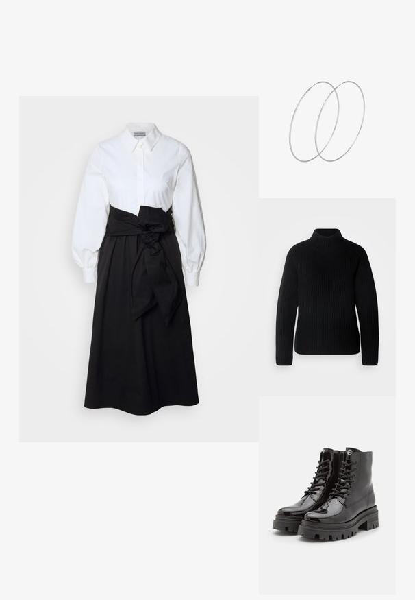 Pull col roulé noir en tissu côtelé. Présente des manches longues et un design ajusté avec un col plus haut. Texture douce.; Chemisier blanc à manches bouffantes longues, associé à une jupe noire et une ceinture en tissu nouée à la taille, fabriqué en coton lisse.; Bottines en cuir verni noir avec lacets à l'avant, semelle épaisse noire et fermeture éclair sur le côté. Présente une texture lisse et brillante et un bout rond.; Boucles d'oreilles en argent au design minimaliste. Forme circulaire, texture lisse et profil fin. Légères avec une finition polie.