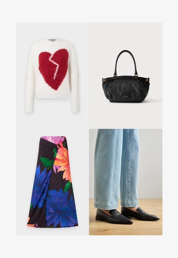 Gebreide trui in wit met een groot rood gebroken hartpatroon. Heeft lange mouwen en een geribbelde zoom, zachte textuur met een casual pasvorm.; Bloeiende maxi rok met een zwarte achtergrond, voorzien van grote blauwe en oranje bloemen. Geknoopt ontwerp bij de taille met een rode accente. Zachte stof.; Zwarte leren schoenen met een spitse neus en instapontwerp, gecombineerd met lichtblauwe wijde jeans, op een houten vloer.; Zwarte leren handtas met twee handvaten, goudkleurige gespen en een klein goudkleurig merklogo aan de voorkant in het midden.