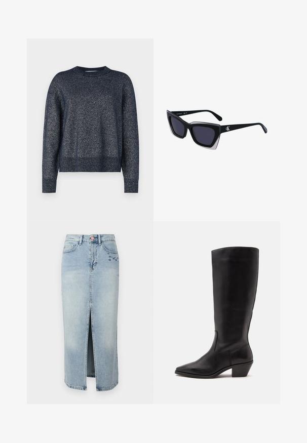Marineblauer Strickpullover mit rundem Ausschnitt, langen Ärmeln und einer strukturierten Oberfläche, die feine metallische Fäden enthält.; Fabienne Chapot CARLYNE SKIRT - Jeansrock - light blue tinted; Schwarzer Lederstiefel bis zur Wade mit spitzer Spitze und niedrigem schrägem Absatz vor einfachem hellem Hintergrund.; Schwarze übergroße Sonnenbrille mit geometrischer Form, ausgestattet mit dunklen Gläsern und einem kontrastierenden grauen Detail im Rahmen. Logo am Bügel.