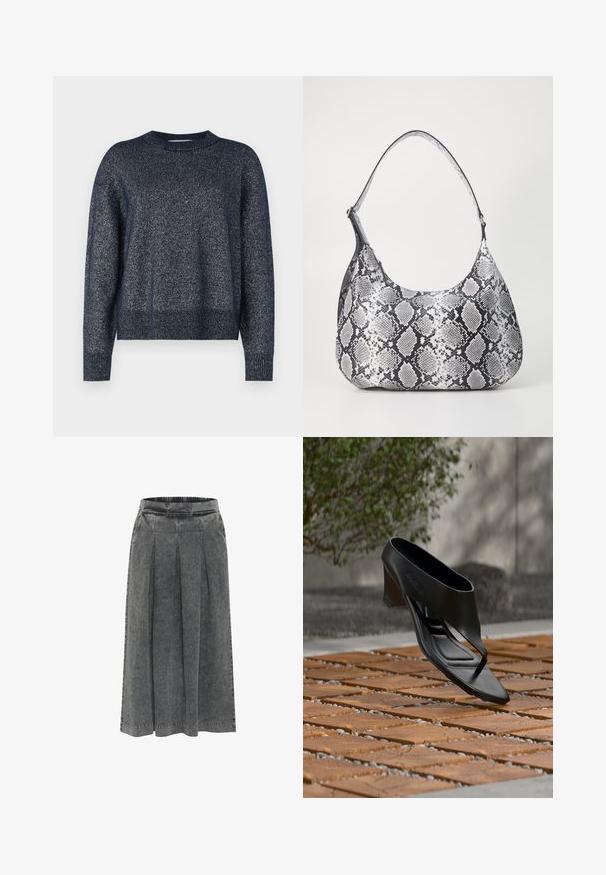 Marineblå strikket sweater med rund halsudskæring, lange ærmer og en tekstureret overflade med subtile metalliske tråde throughout.; Grå denimnederdel med plisseringer, elastisk talje, knælang og en tekstureret overflade. Simpelt design uden synlige mønstre eller dekorationer.; Sort højhælet sandal med thongsrem, svævende over et mønstret træ- og grusbelagt udendørsareal med sløret grønt område og væg i baggrunden.; Sort-hvid slangemønster skuldertaske med en rund form, glat tekstur og en buet rem. Har et sølvfarvet hardware-accents.