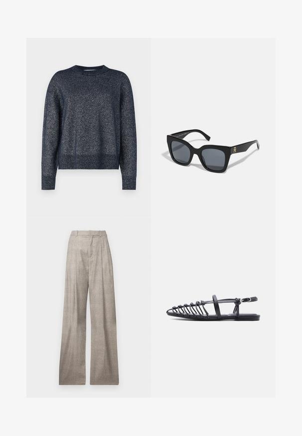 Pull en maille bleu marine avec un col rond, des manches longues et une finition texturée avec des fils métalliques subtils.; Pantalons larges gris clair avec un subtil motif pied de poule, des plis, des passants de ceinture et une texture lisse.; Sandale plate noire avec plusieurs fines lanières, bride à boucle à la cheville et design cage à bout ouvert sur fond blanc.; Lunettes de soleil noires au design carré audacieux, avec des verres sombres et un accent de logo doré sur une branche. Fabriquées en plastique brillant.