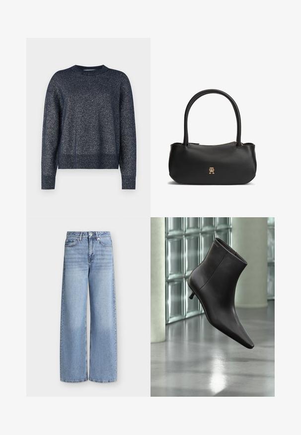 Pull en maille bleu marine avec un col rond, des manches longues et une finition texturée avec des fils métalliques subtils.; Jean bleu clair à jambes larges avec poches avant, passants de ceinture, fermeture par boutons et détails délavés sur les cuisses.; Bottine en cuir noir avec bout pointu et petit talon, présentée devant un mur en blocs de verre et un sol poli.; Sac à main en cuir noir avec doubles poignées arrondies, fermeture éclair dorée et petit logo entrelacé doré au centre avant.