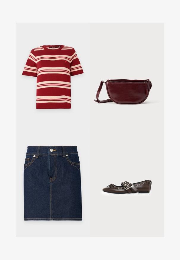 Rood gestreepte korte mouwen trui met crème horizontale strepen en een klein embleem nabij de borst. Ribgebreide ronde halslijn en mouwen.; Donkerblauwe denim rok met zichtbare stiksels, vijf zakken en een knoopsluiting aan de voorkant. Rechte snit met een schone zoomlijn.; Donkerbruine leren platte schoen met puntige neus, dubbele zilveren gespsluitingen, metalen klinknagels en een decoratief strikje aan de voorkant.; Dieprode lederen handtas met een halve-maansvorm, een ritssluiting en een afneembare riem. Gladde textuur met een subtiele glans.
